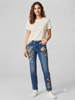 Embroidered Blue Skinny Jeans with Floral Detail